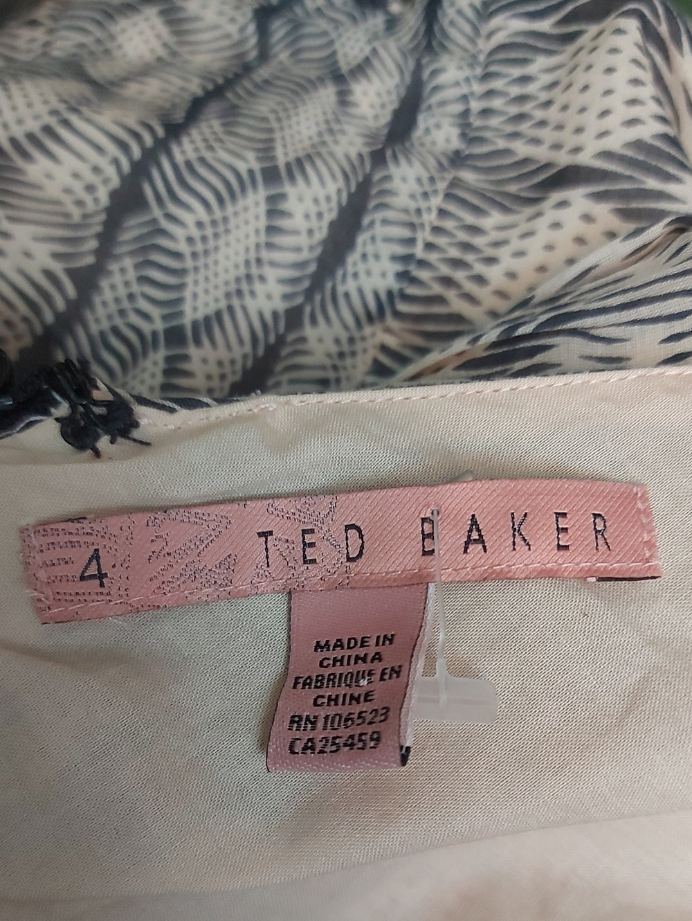 Ted Baker Size 4 Cotton Silk Dress V Neck Tiered Ruffle Abstract Print - Picture 5 of 13